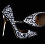 Women Luxurious Pointed Toe Bling Bling Rhinestone Stiletto Heel Pumps Black White Crystal High Heels Wedding Dress Shoes - Sabreeonline