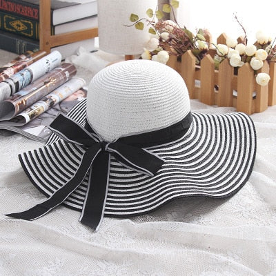 Wind Black White Striped Bowknot Summer Sun Hat - Sabreeonline