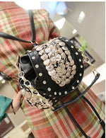 Fashion punk Women tassel PU Leather buttons + rivets + rhinestone Backpacks Travel Bag mochila feminina rucksack schoolbag - Sabreeonline