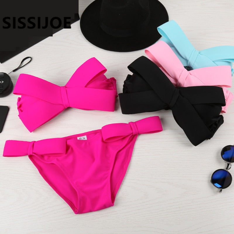 Women Black Sexy Swim Wear Solid Swimwear Brazilian Bikini Big Bow Bandeau Beach Wear Halter Swimsuit Push Up Bathing Suit - Sabreeonline