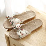 Suihyung Women Flax Slippers Summer Casual Slides Beach Shoes Ladies Indoor Linen Slippers Bohemia Floral Bow Flip Flops Sandals - Sabreeonline
