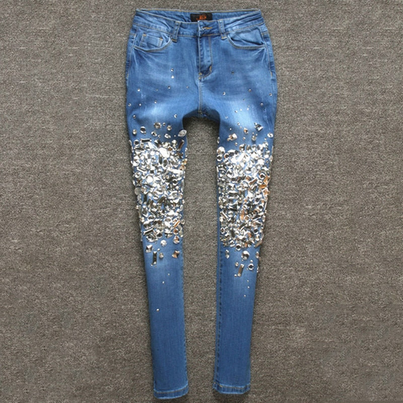 Women&#39;s Blue Jeans Women 2021 Boyfriend Denim Style Skinny Stretch  Casual Pants Sequin Pattern Trousers Vintage Jeans - Sabreeonline