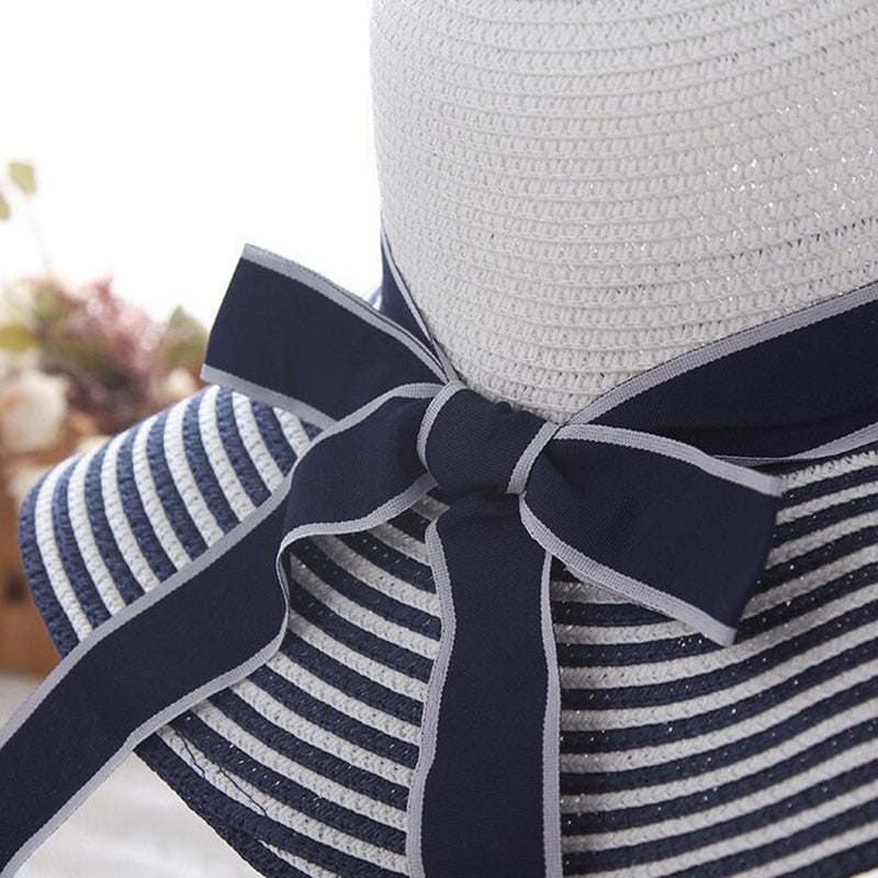 Wind Black White Striped Bowknot Summer Sun Hat - Sabreeonline