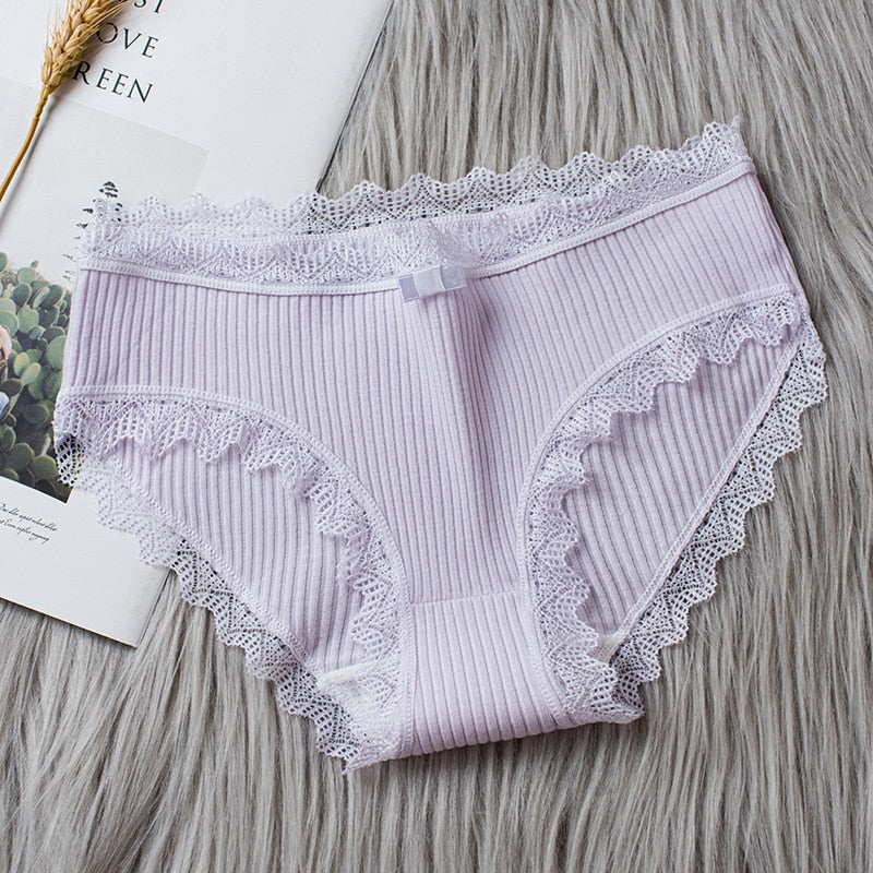 Women's Seamless Cotton Underwear Sexy Low Waist Lace Ruffle Briefs Solid Color Stretch Underpants Breathable Intimates Lingerie - Sabreeonline