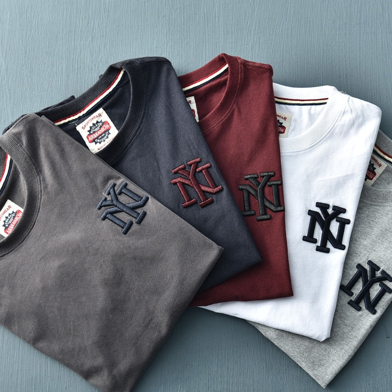 Summer American Style Short Sleeve O-neck Solid Color Embroidered T-shirt Men's Fashion Simple Pure Cotton Washed Old Casual Top - Sabreeonline