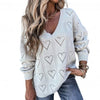 Winter Love Heart Hollow Crochet Sweater Loose V Neck Long Sleeve - Sabreeonline