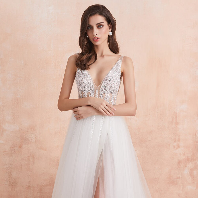 White Ivory Sexy High Splits Beaded Beading Pearls Crystal A Line Backless