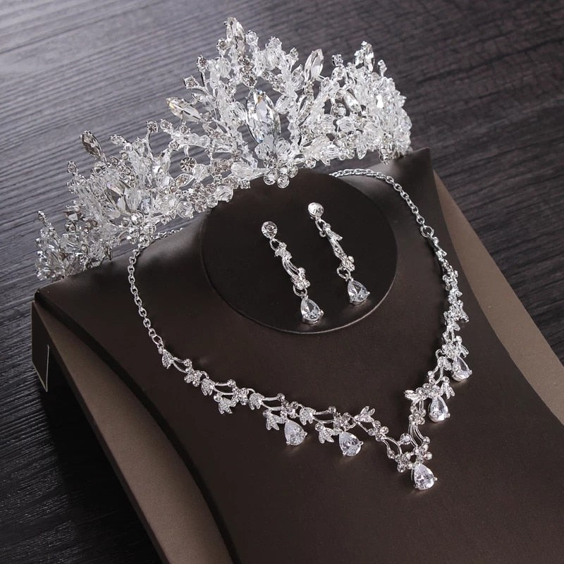 Luxury Heart Crystal Bridal Jewelry Sets Wedding Cubic Zircon Crown Tiaras Earring Choker Necklace Set - Sabreeonline