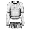 White Long Sleeve Sexy Pajama Set Sheer Long Sleeve Tops Ruffles Shorts Underwear Set Screen Lace Hot Temptation Home Clothes - Sabreeonline