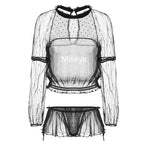 White Long Sleeve Sexy Pajama Set Sheer Long Sleeve Tops Ruffles Shorts Underwear Set Screen Lace Hot Temptation Home Clothes - Sabreeonline