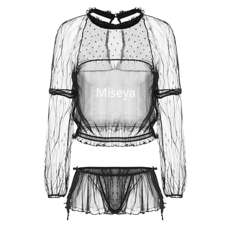 White Long Sleeve Sexy Pajama Set Sheer Long Sleeve Tops Ruffles Shorts Underwear Set Screen Lace Hot Temptation Home Clothes - Sabreeonline