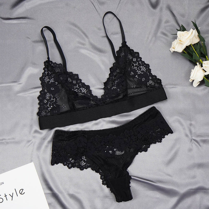 Women Lace Bra Sets Seamless Underwear Transparent Backless Ultra-Thin Unline Lingerie Floral Soft Comfortable Bra Thong Set - Sabreeonline