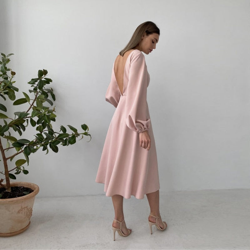 Backless Midi Dress Lantern Sleeve O-Neck - Sabreeonline