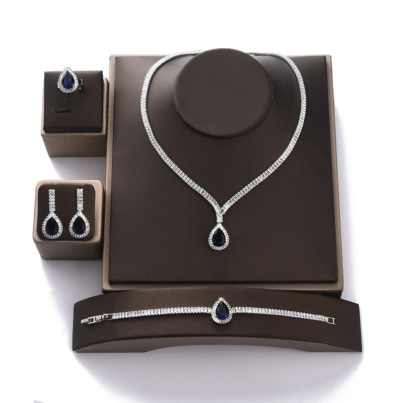 Gorgeous Women Wedding Party Jewelry Necklace Bracelet Earring and Ring Set - Sabreeonline