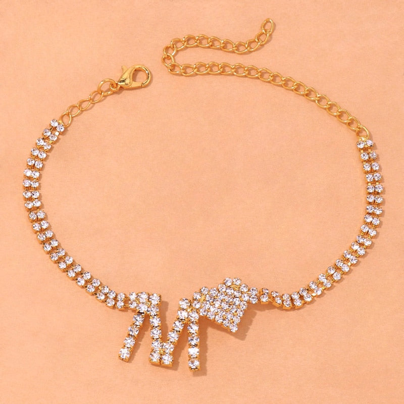 Letter Heart Rhinestone Anklet Chain Double Layer - Sabreeonline