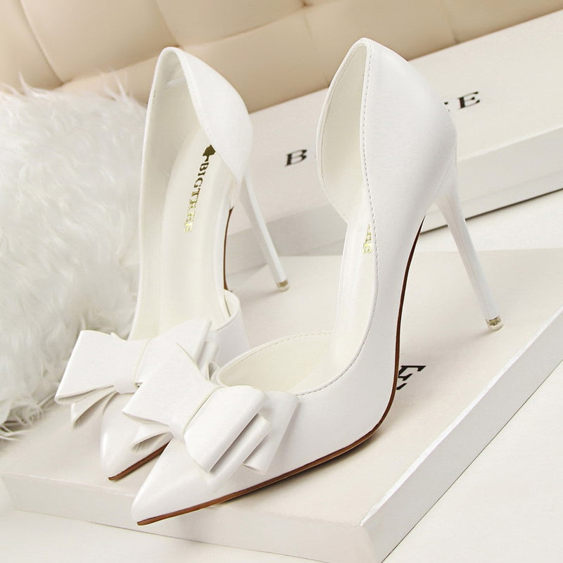 Korean Fashion Women&#39;s Shoes Wedding Bow High Heels Stiletto Heels Shallow Pointed Head Side Empty Thin Shoes