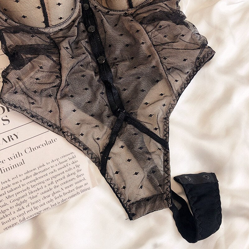 Polka dot lace sexy one-piece underwear set thin section big breasts show small gather bra perspective hot lingerie bodysuit - Sabreeonline