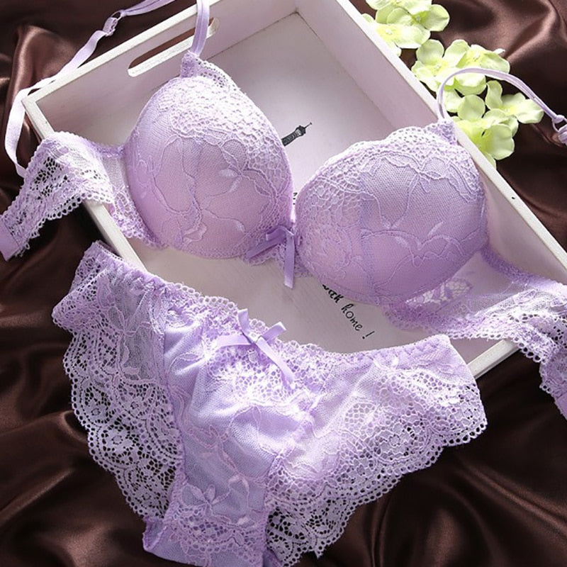 European Style Sexy Bra Set Women Cotton Underwear Sexy Lace Panties Female Push Up Brassiere Fashion Solid Color Lingerie Set - Sabreeonline