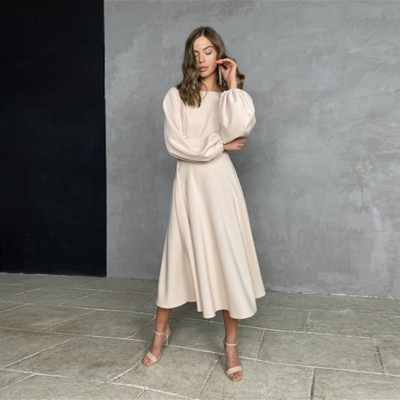 Backless Midi Dress Lantern Sleeve O-Neck - Sabreeonline