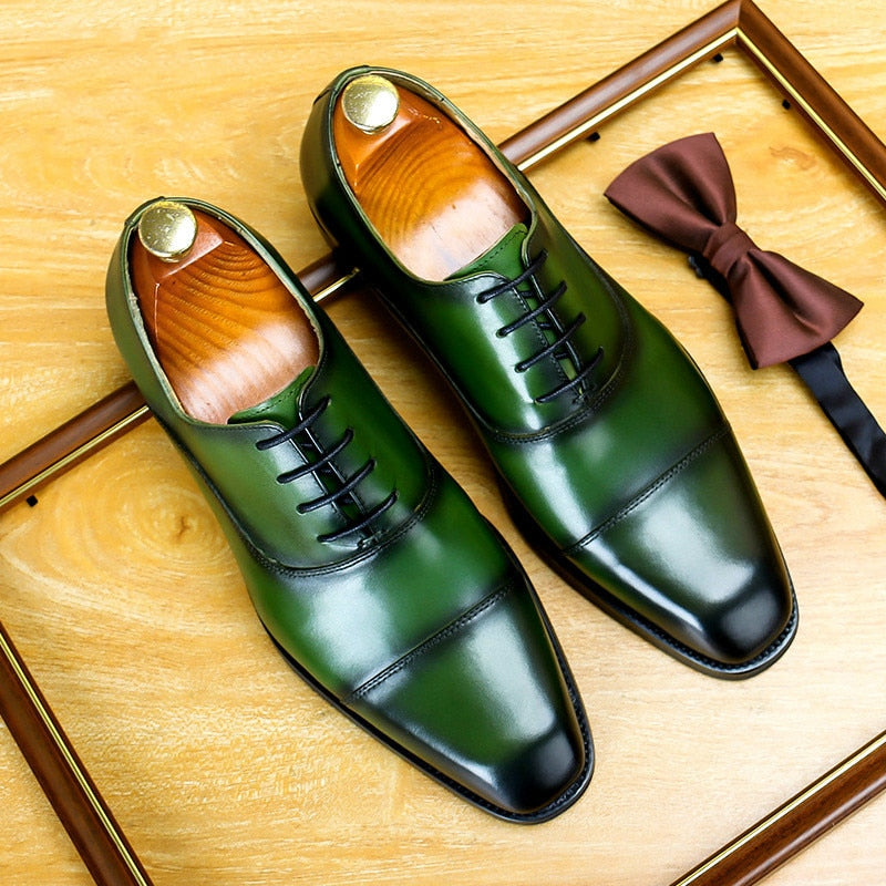 Green Men Dress Shoes Brand Italian Luxury Genuine Leather Lace Up Brown Black Wedding Business Formal Shoes Men Oxfords Shoes - Sabreeonline