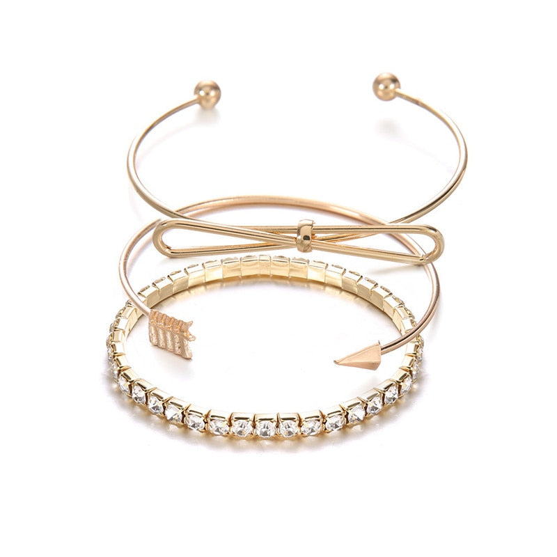 Modyle Classic Arrow Knot Round Crystal Gem Multilayer Adjustable Open Bracelet Set Women Fashion Party Jewelry Gift - Sabreeonline