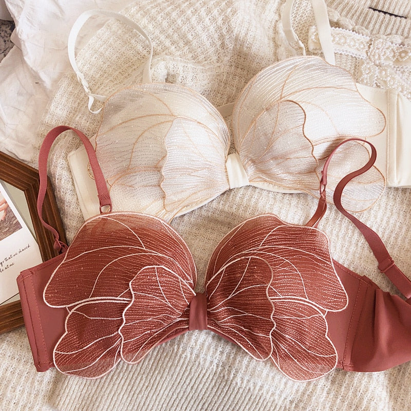 Wriufred Gathered bowknot embroidered bra set mesh gauze no steel ring sexy half-cup pull-up underwear set sexy lingerie - Sabreeonline