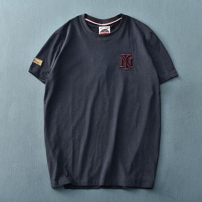 Summer American Style Short Sleeve O-neck Solid Color Embroidered T-shirt Men's Fashion Simple Pure Cotton Washed Old Casual Top - Sabreeonline