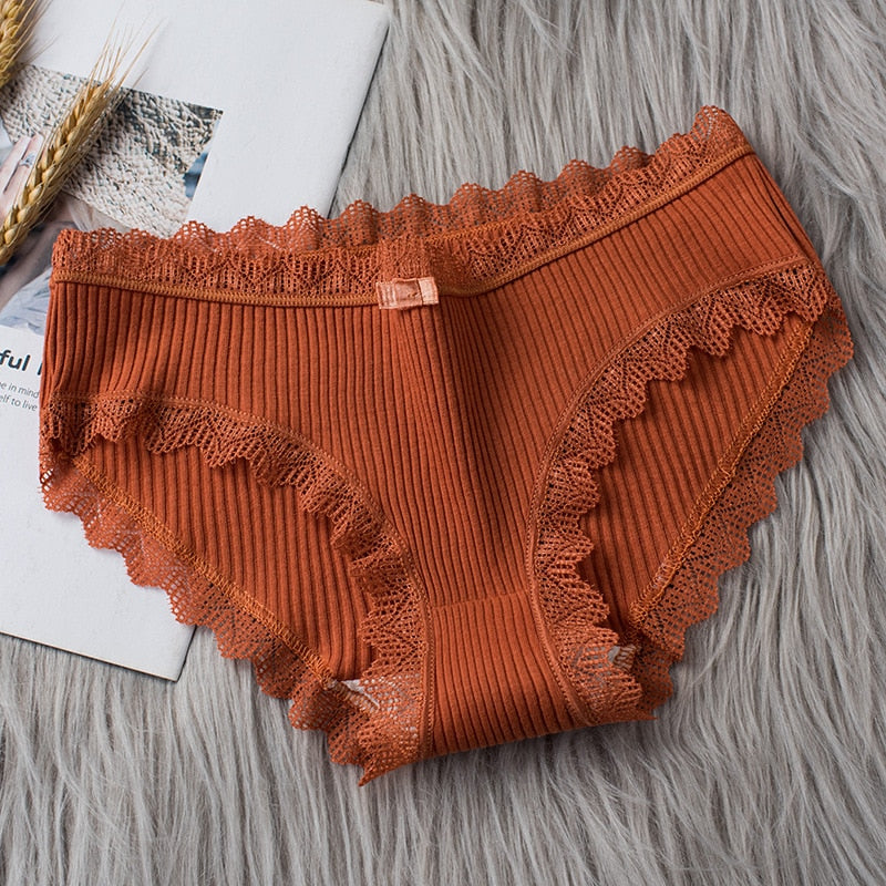 Women's Seamless Cotton Underwear Sexy Low Waist Lace Ruffle Briefs Solid Color Stretch Underpants Breathable Intimates Lingerie - Sabreeonline