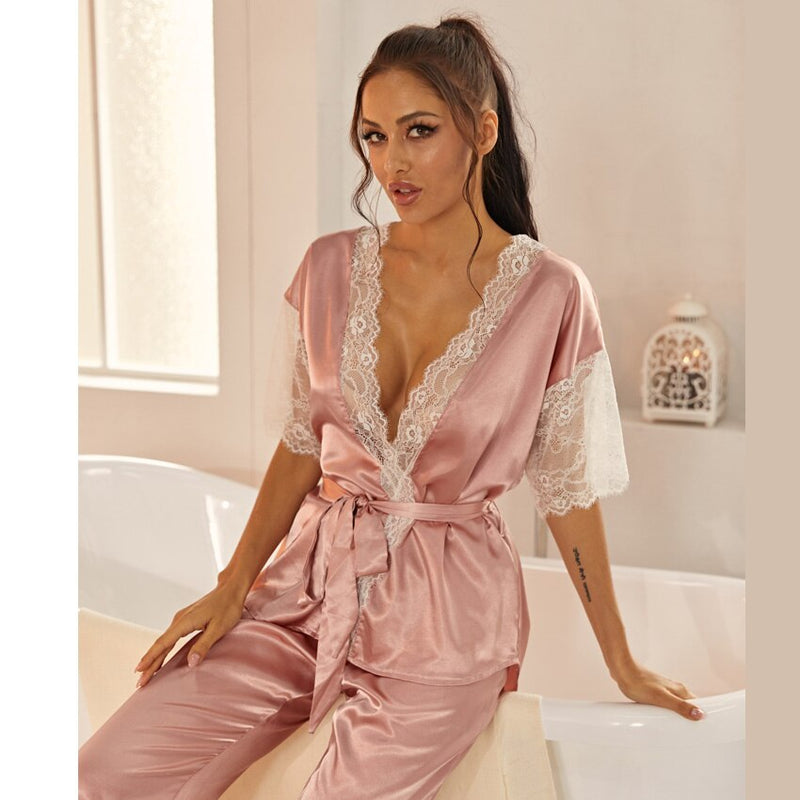 Belted Satin Top Long Pants Sleepwear Pajamas Set