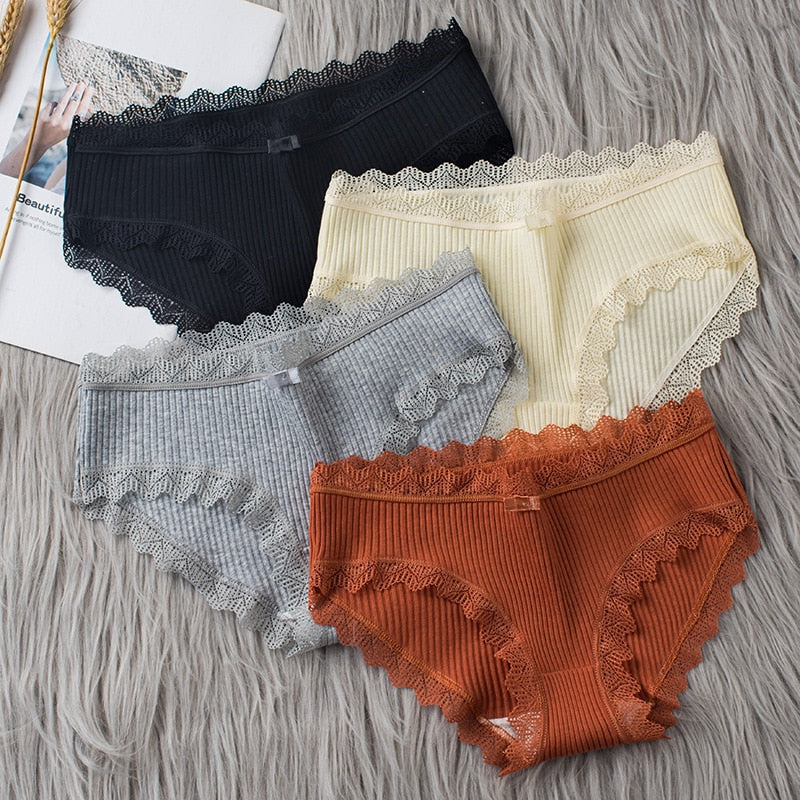 Women's Seamless Cotton Underwear Sexy Low Waist Lace Ruffle Briefs Solid Color Stretch Underpants Breathable Intimates Lingerie - Sabreeonline