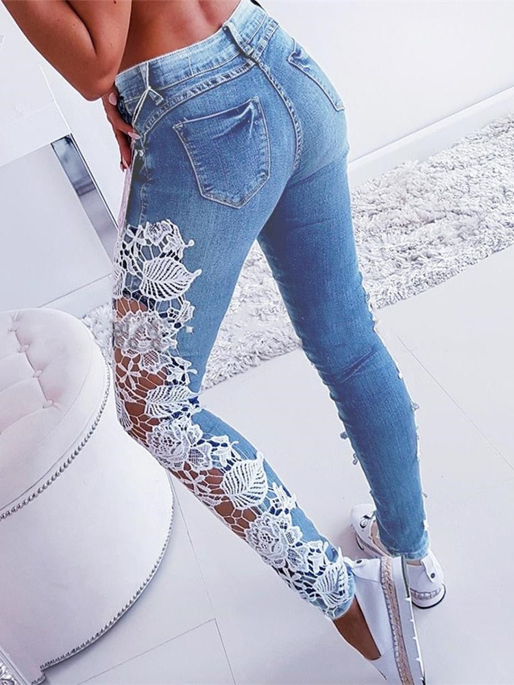 Lace Floral Crochet Hollow-Out Jeans Autumn Women Elegant Sexy Denim Pencil Skinny Jeans - Sabreeonline