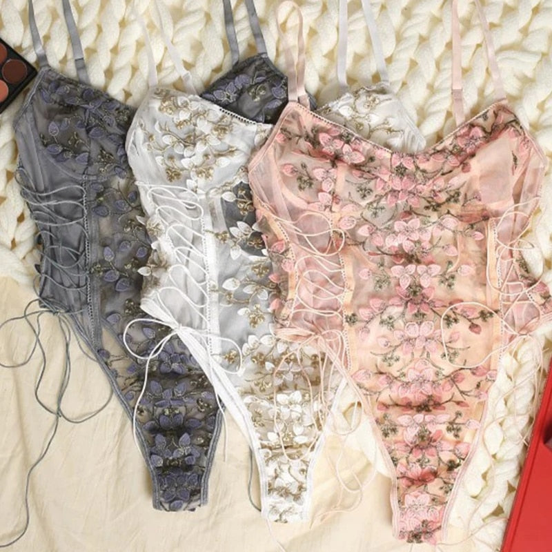 Women Teddy lingerie Sexy Underwear Erotic Corset Lace Mesh Sleepwear Nightwear  Embroidered strap one-piece sexy pajamas - Sabreeonline