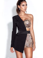 Black Patchwork Sexy One-Shoulder Sequin Bodysuit - Sabreeonline
