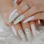 French Nail Tips Pre-Designed Nude 3D Long Full Cover Rhinestone