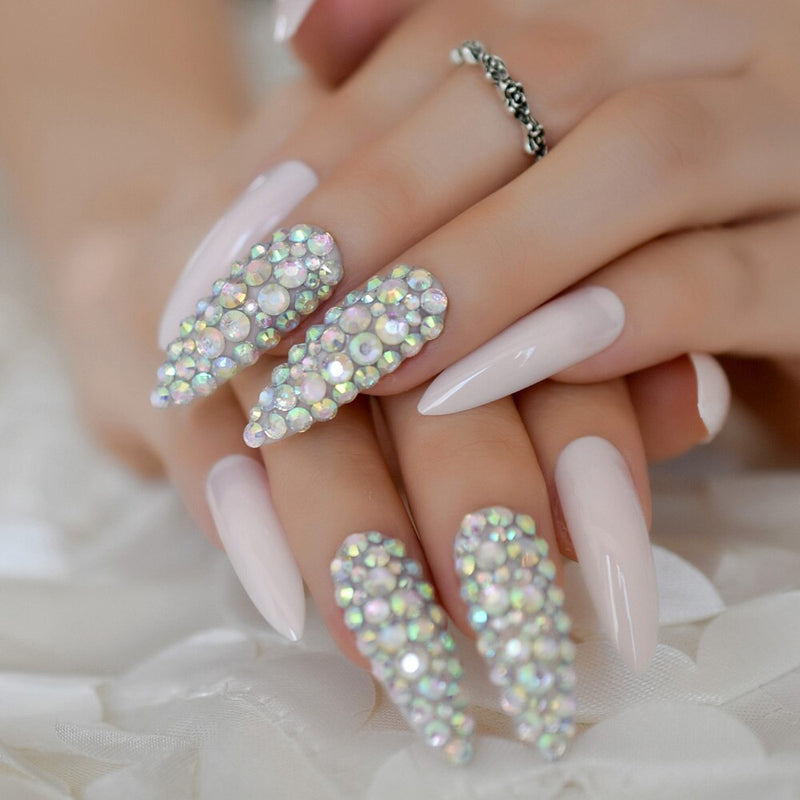 Sharp Artificial  French Nail Tips Pre-designed Nude 3D Long Full Cover Rhinestone Adult Artificial Fake Nails With Glue