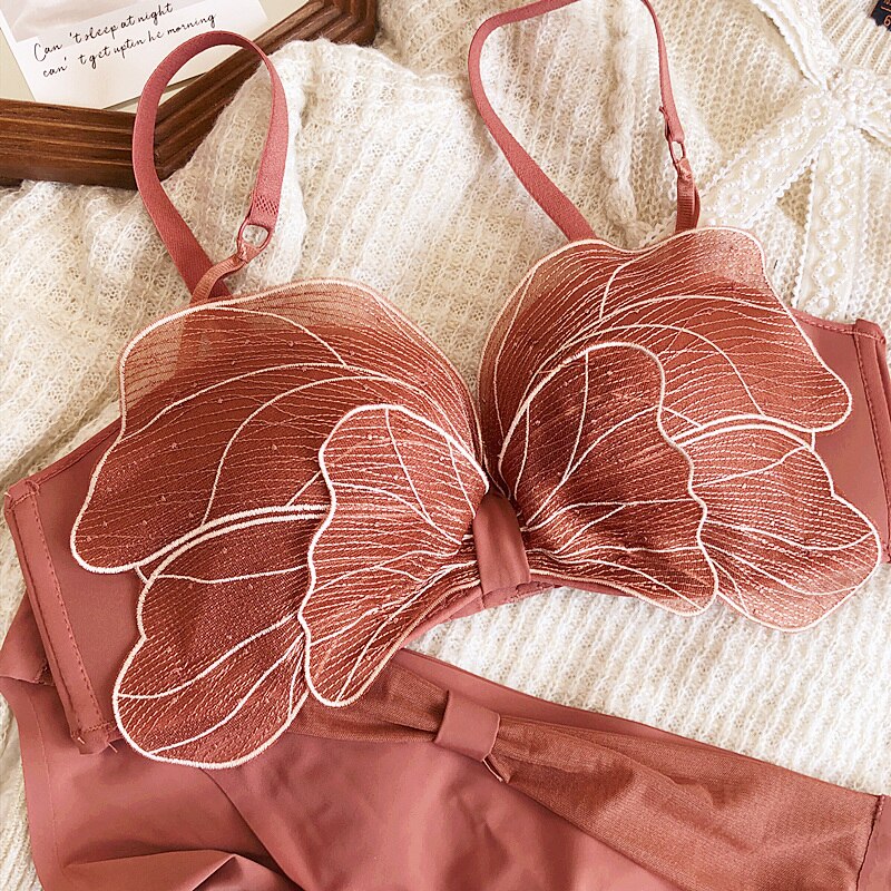 Wriufred Gathered bowknot embroidered bra set mesh gauze no steel ring sexy half-cup pull-up underwear set sexy lingerie - Sabreeonline