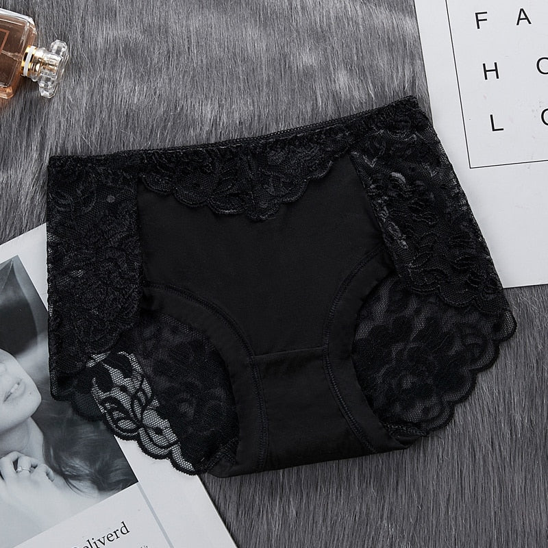 Women's Cotton Underwear Panties Sexy Lace Mid-Waist Hollow Female Briefs Hip Lift Underpants For Lady Plus Size Lingerie ssy58 - Sabreeonline