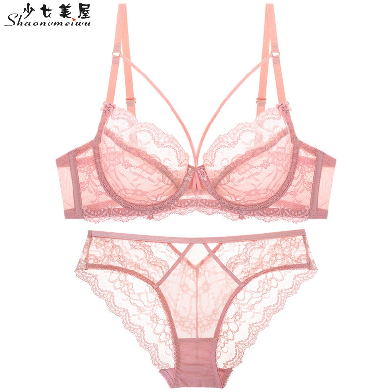 Ultra-thin hollow lace sexy bra and panty set large size C D E cup underwear transparent ladies bra - Sabreeonline