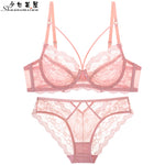 Ultra-thin hollow lace sexy bra and panty set large size C D E cup underwear transparent ladies bra - Sabreeonline