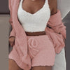 Three Piece Sexy Fluffy Outfits Plush Velvet Hooded Cardigan - Sabreeonline