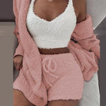 Three Piece Sexy Fluffy Outfits Plush Velvet Hooded Cardigan - Sabreeonline
