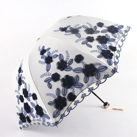 Tri-Fold Double-Layer Embroidery Flower Lace Umbrella Anti-Sun Parasol Black Plastic Anti-UV Umbrella - Sabreeonline