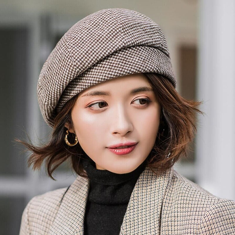 Plaid Beret Cotton Wool Hats Autumn - Sabreeonline