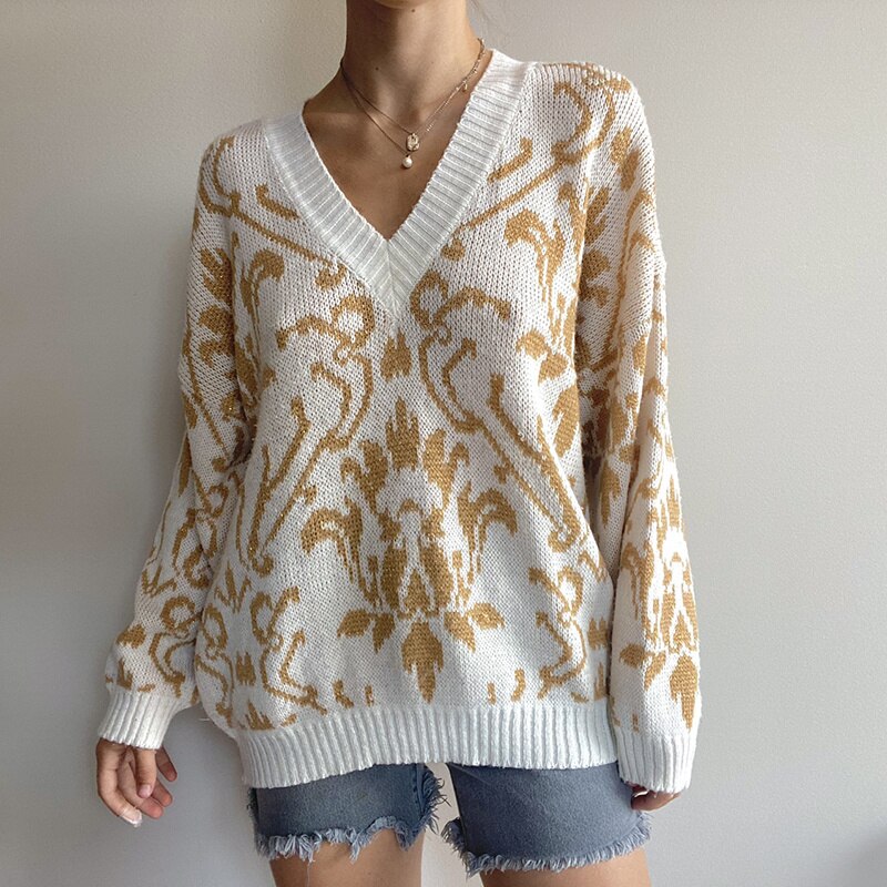Print V-neck Sweaters Loose Causal