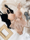 Wriufred Less ladies underwear gathered thickened bra sexy lace transparent sling bodysuit hollow beautiful back lingerie set - Sabreeonline