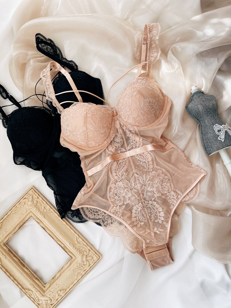 Wriufred Less ladies underwear gathered thickened bra sexy lace transparent sling bodysuit hollow beautiful back lingerie set - Sabreeonline