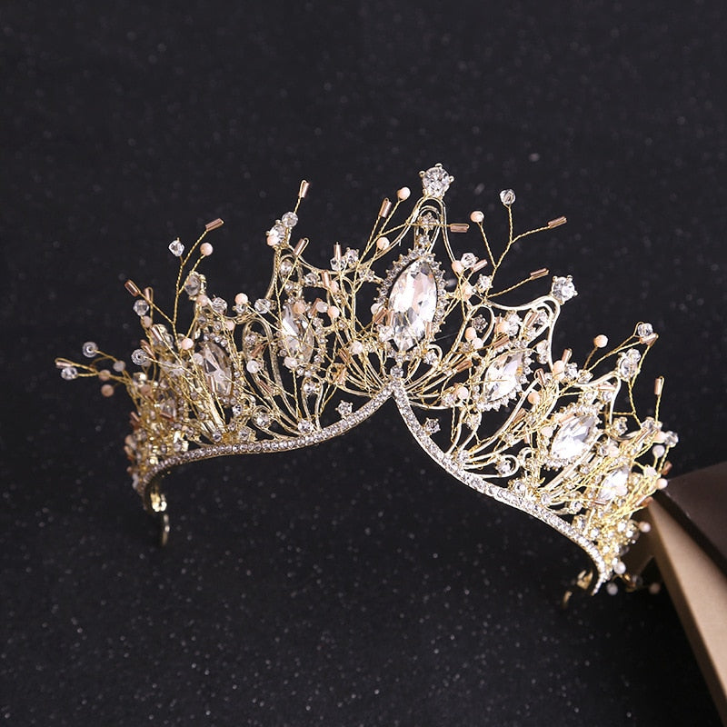Crystal Gold Tiara Crown Earrings Necklace Wedding Bride Luxury Jewelry Set - Sabreeonline