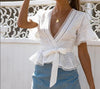 Cotton Embroidery Lace Ruffle Bow Blouses