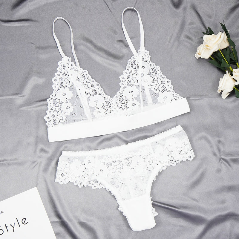Women Lace Bra Sets Seamless Underwear Transparent Backless Ultra-Thin Unline Lingerie Floral Soft Comfortable Bra Thong Set - Sabreeonline