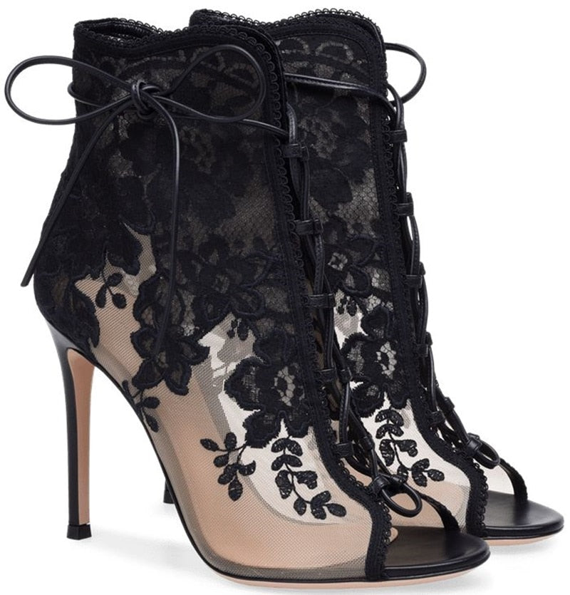Floral Lace Mesh Ankle Boots Thin High Heels - Sabreeonline